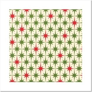 Christmas Starbursts - Atomic Age Xmas Holiday Pattern in Red and Retro Green on Cream Posters and Art